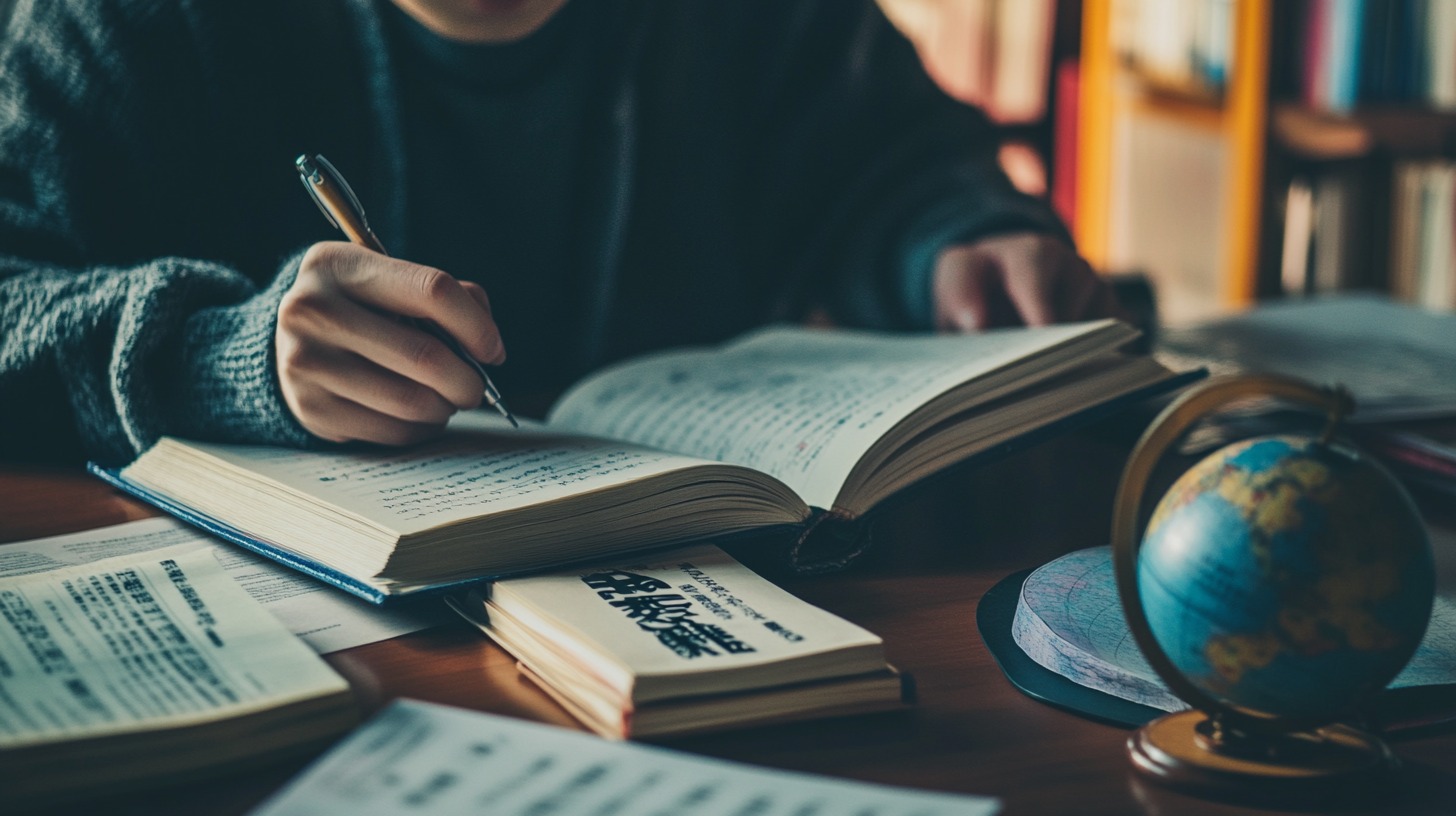 A person wearing a cozy sweater is studying at a wooden desk, writing in an open book filled with handwritten notes, pondering why certain words are hard to translate