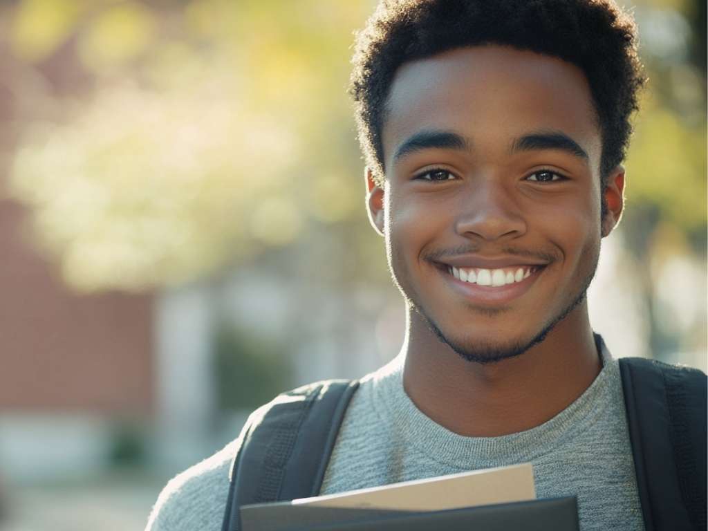 Smiling student outdoors holding folders and books, ready for a new academic journey