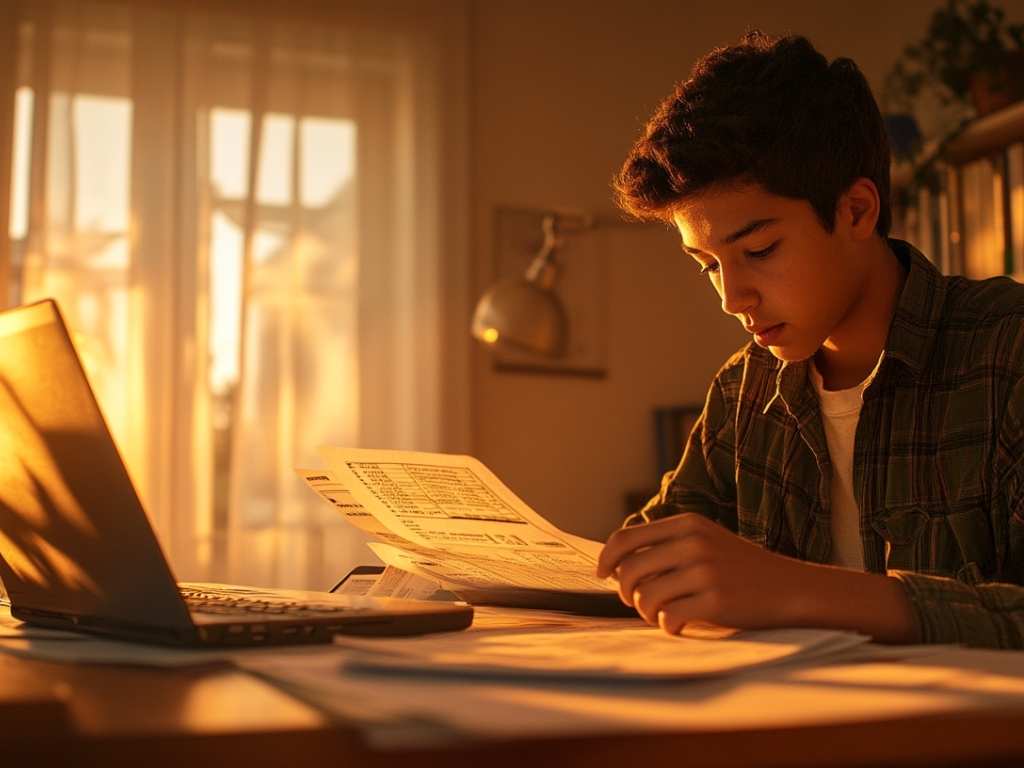 Young man focused on financial documents with a laptop, often required for international students