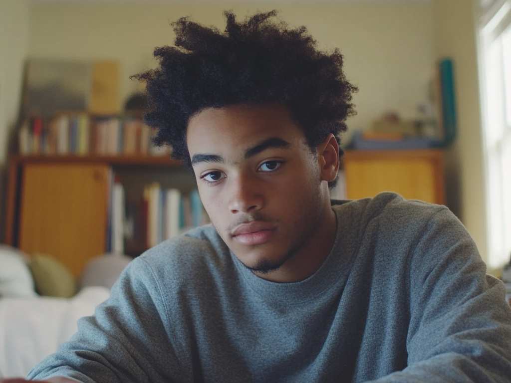 A young student sitting in a dorm room, adjusting to life in student housing
