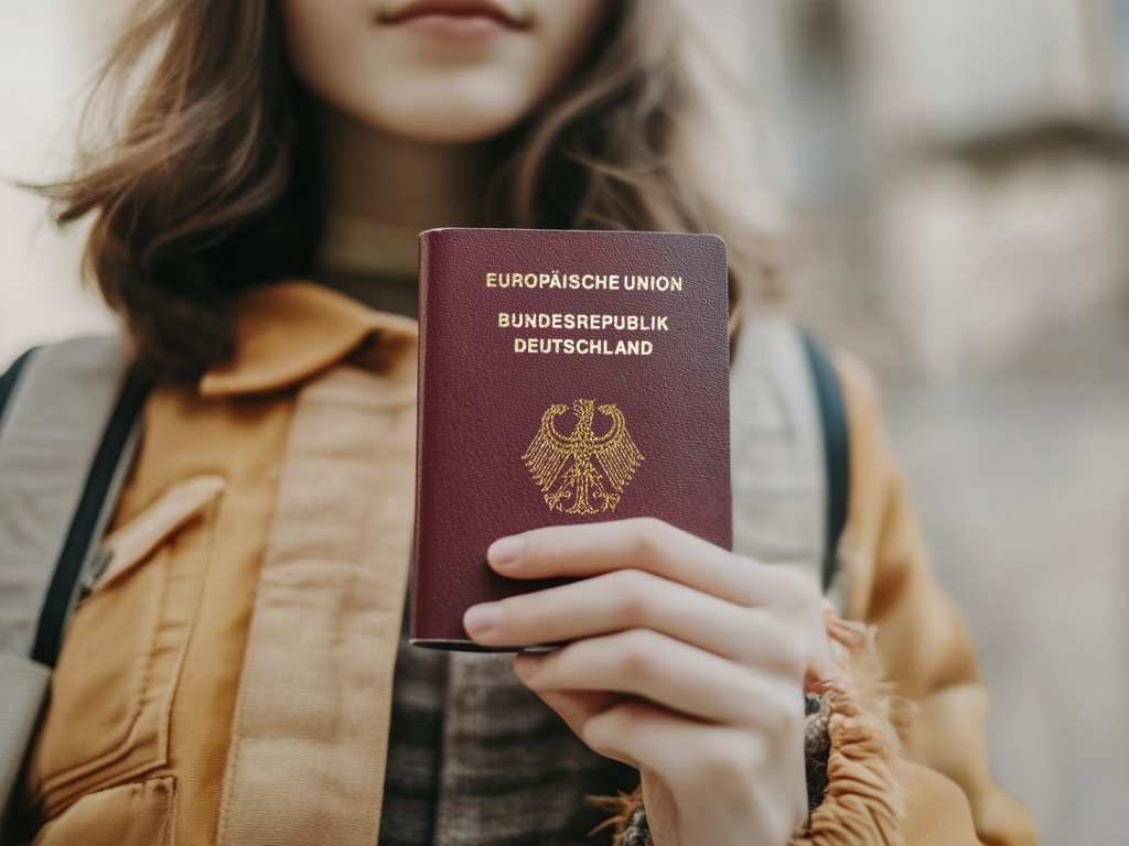 A person holding a German passport, a necessary document for international travel