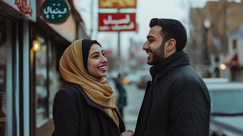 Middle Eastern couple sharing a smile in a diverse urban neighborhood, celebrating their roots