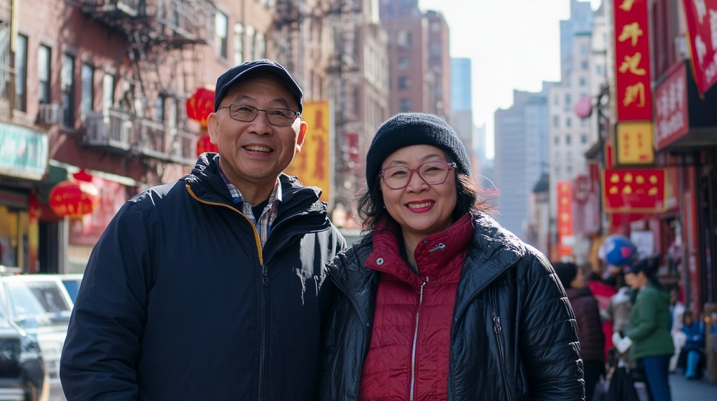 Elderly Chinese couple in Chinatown, preserving stories and wisdom through the Cantonese language