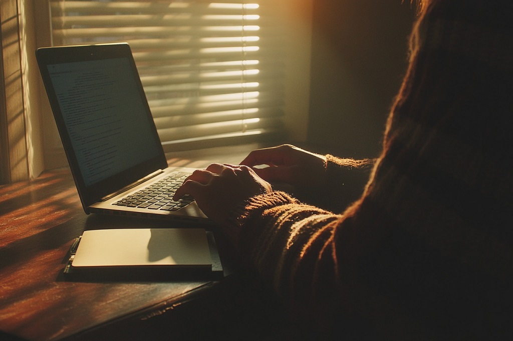 Person using a laptop with sunlight streaming through blinds, highlighting the importance of security and compliance in data handling