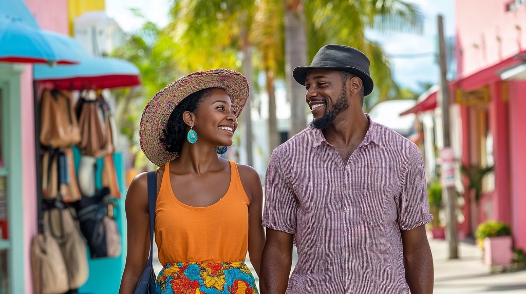 A joyful Haitian couple strolling through a colorful town street