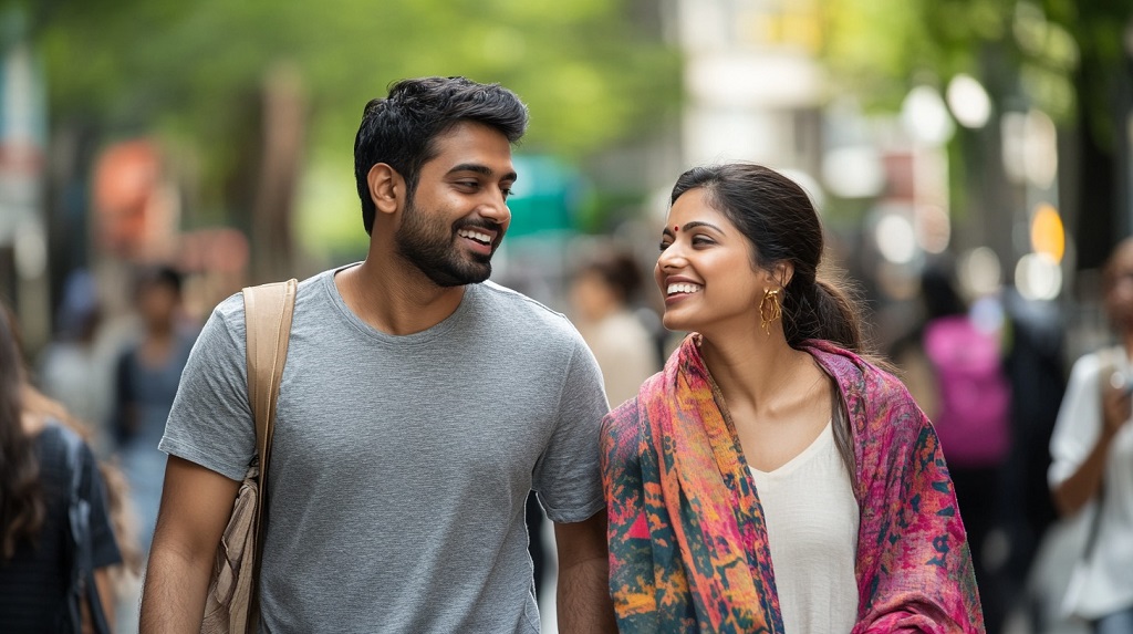Indian couple walking together in the city, reflecting closeness and communication in the Hindi language