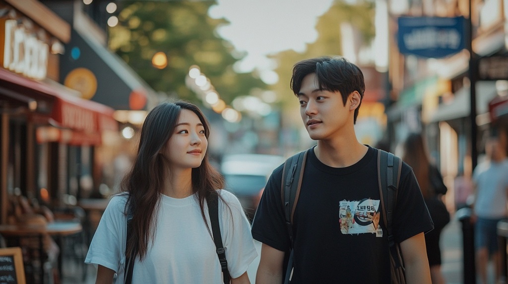Korean students smiling while walking outdoors, representing youth, education, and cultural identity