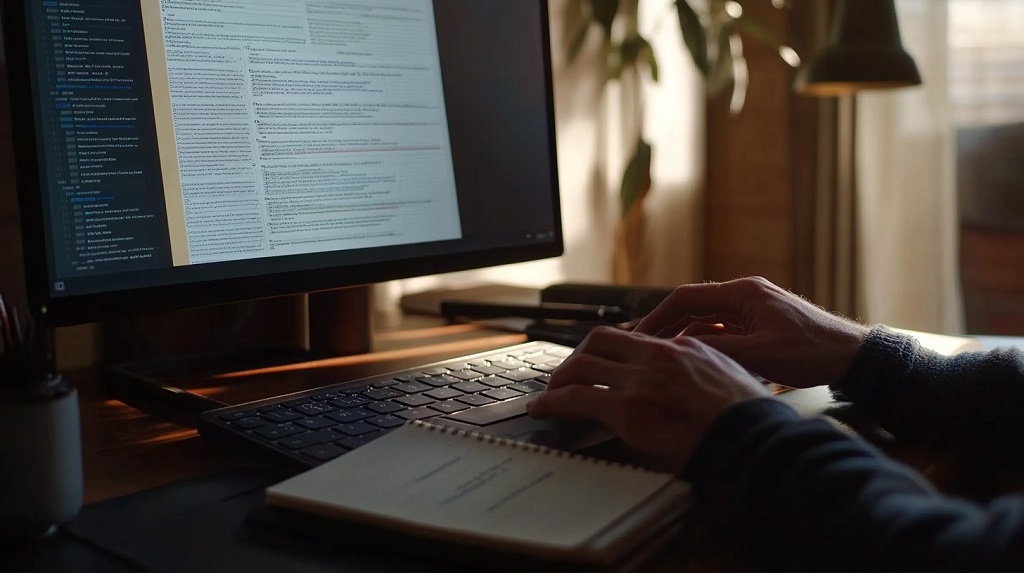 Person typing on a keyboard in front of a monitor displaying text, representing accuracy and quality in the transcription process
