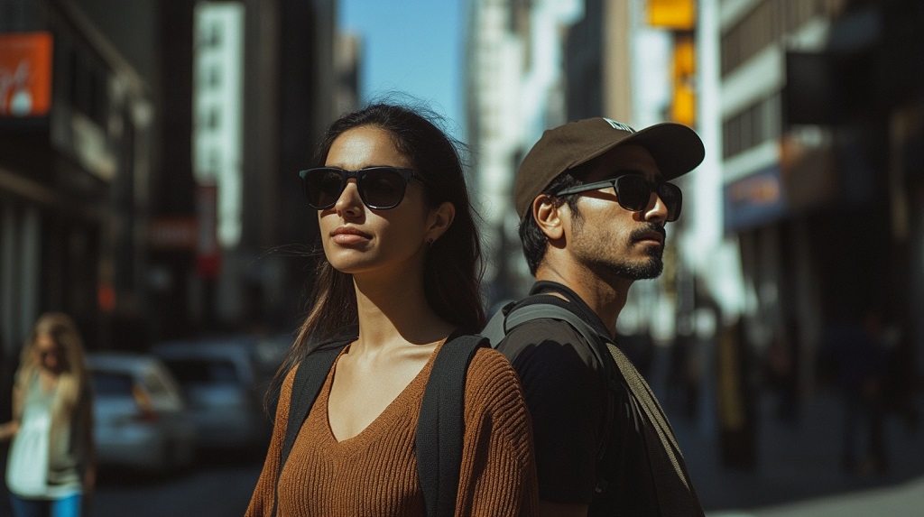 Young Hispanic couple walking through a busy city street, showcasing cultural pride and heritage