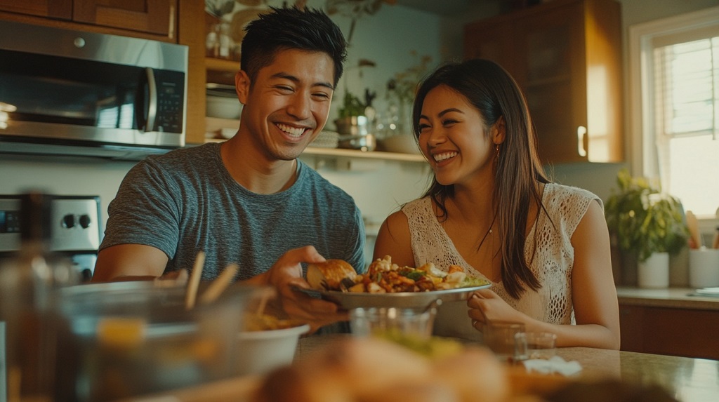 Filipino couple enjoying a home-cooked meal, highlighting connection and tradition through the Tagalog language