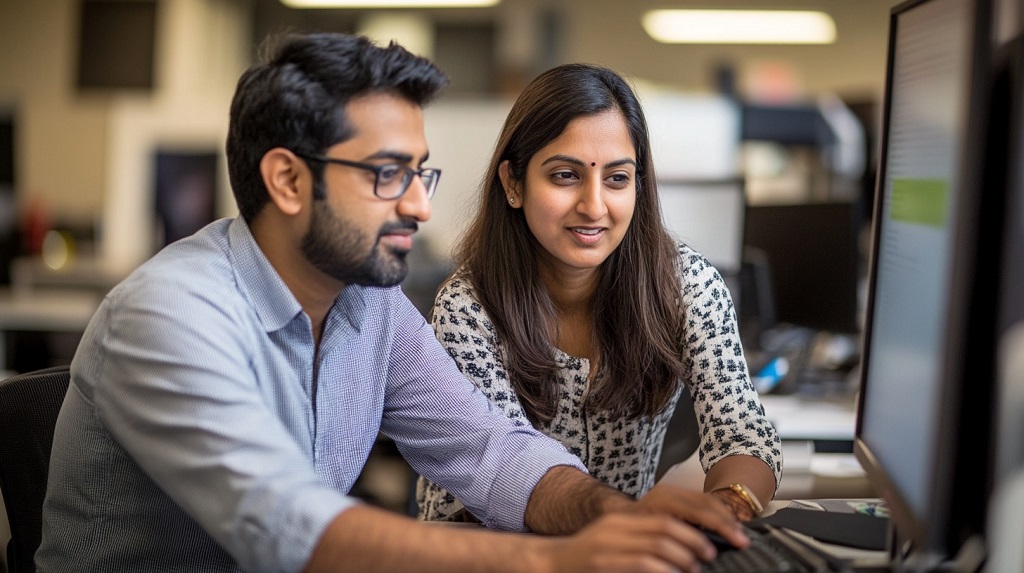 South Indian coworkers collaborating in an office, merging tech skills with Telugu language heritage