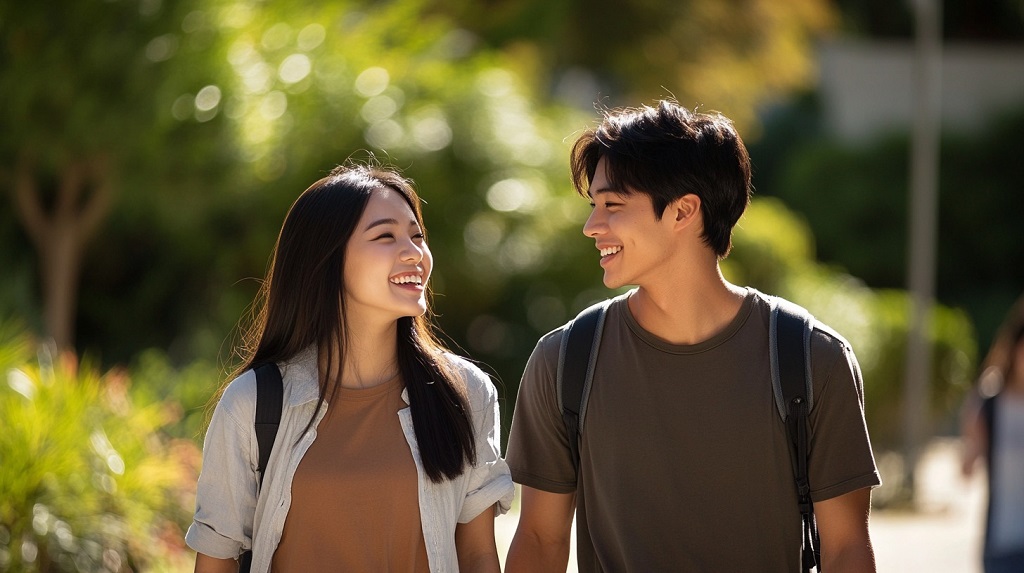 A young Vietnamese couple walking together outdoors, smiling and chatting in their native language