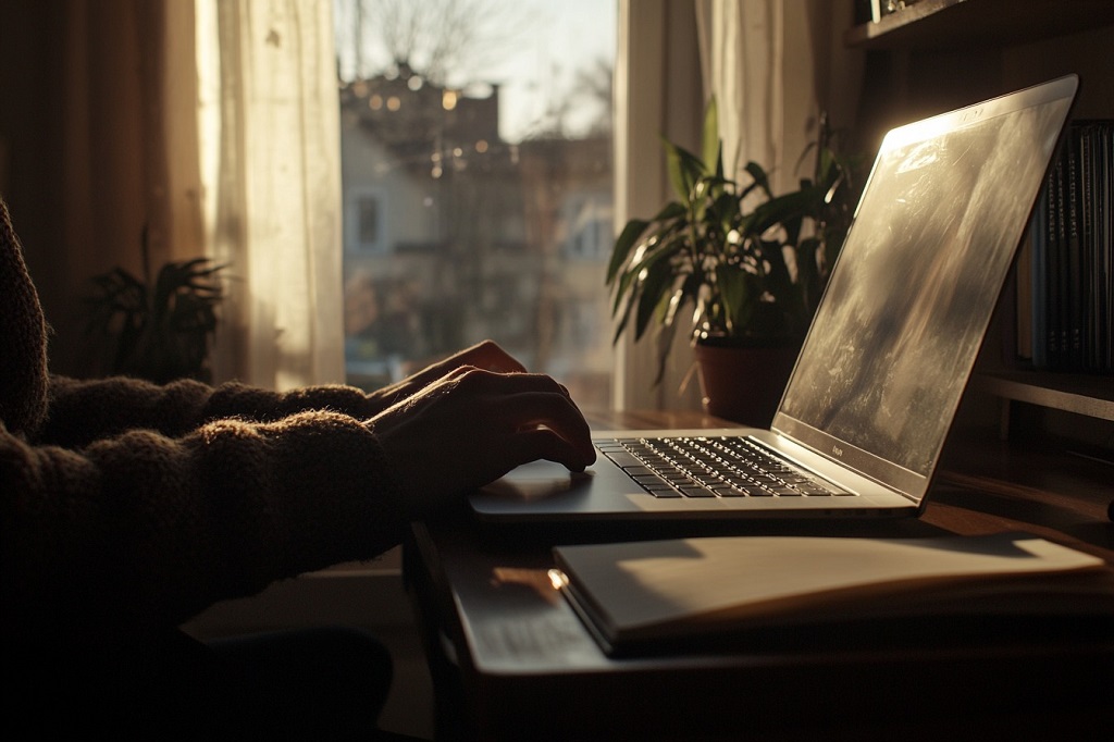 Person working on a laptop by a window with a notebook beside them, illustrating the use of transcription versus translation in different contexts