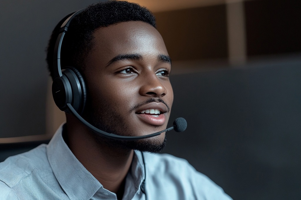 An interpreter with a headset actively listening and translating spoken words live, an example of translate vs interpret in action