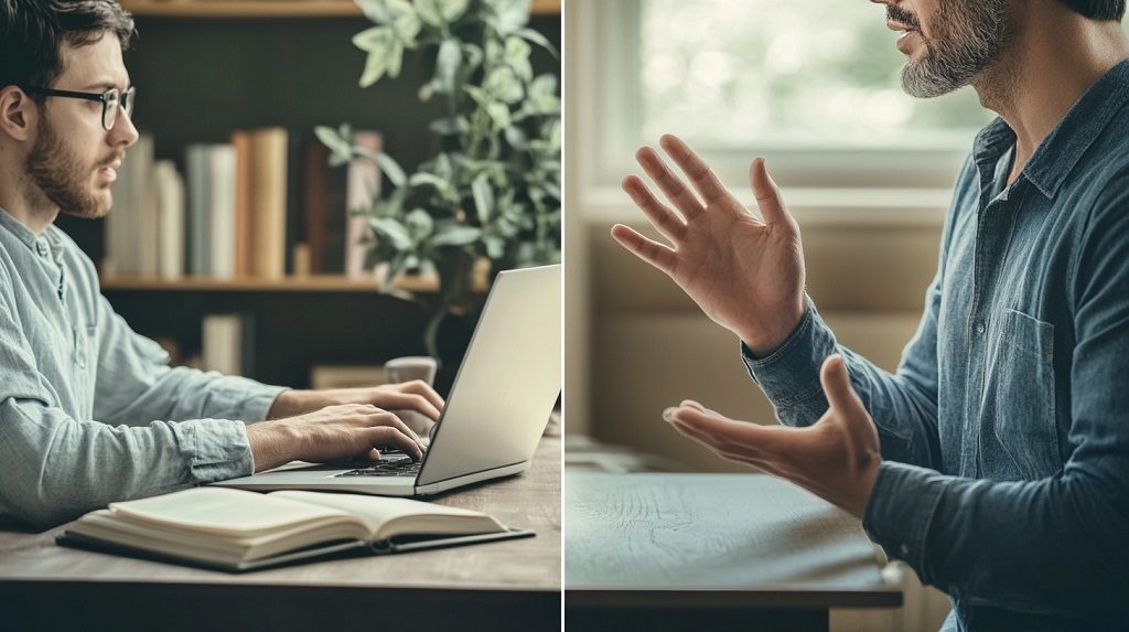 Split-screen showing a man typing a written translation and another speaking with hand gestures, highlighting the contrast in the translate vs interpret process