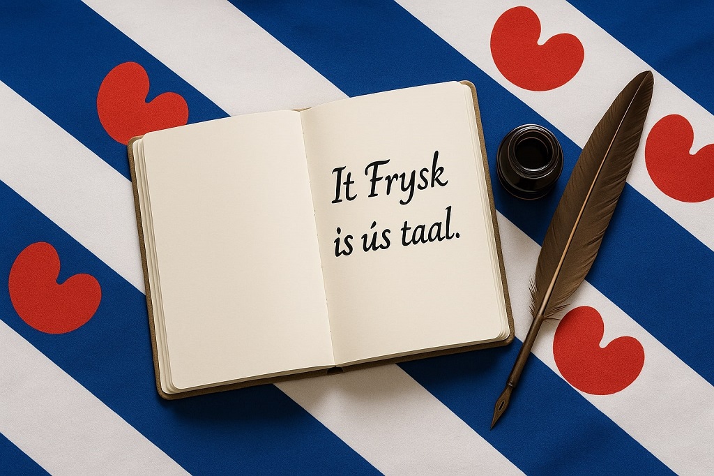 Open notebook with a Frisian phrase, placed on the Frisian flag