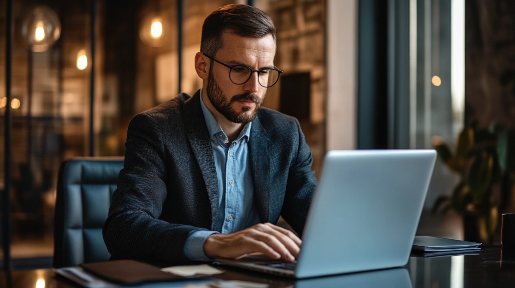 A professional working intently on a laptop, translating content in a formal office setting