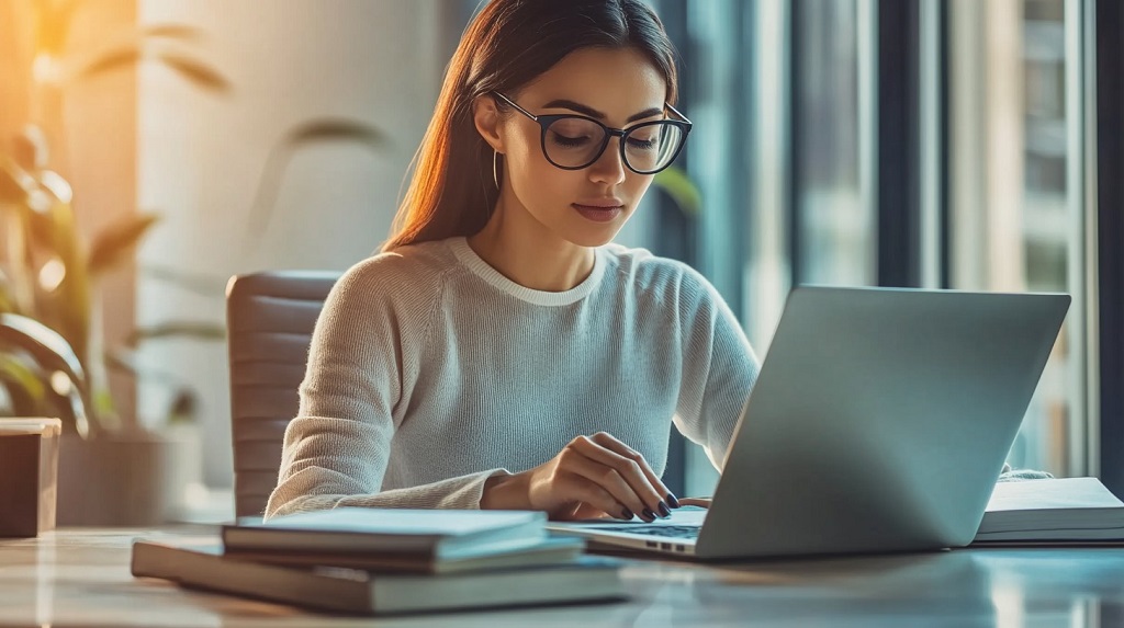 A focused woman working at her desk, performing written translation with attention to detail