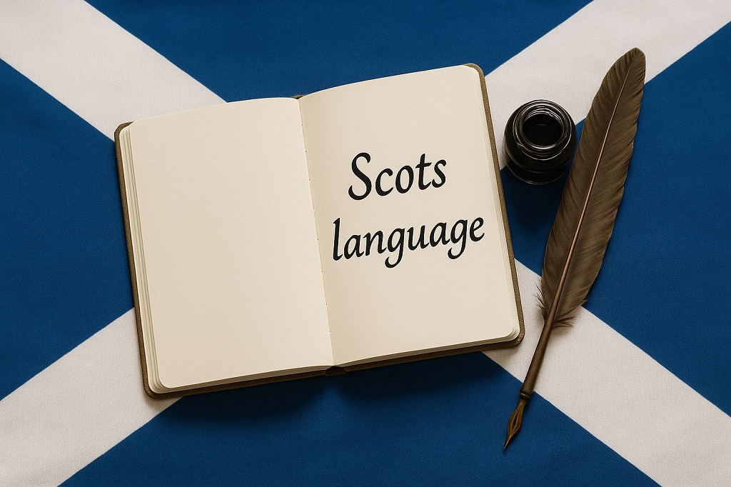 Open notebook with “Scots language” written inside, placed over the Scottish flag next to an inkwell and quill