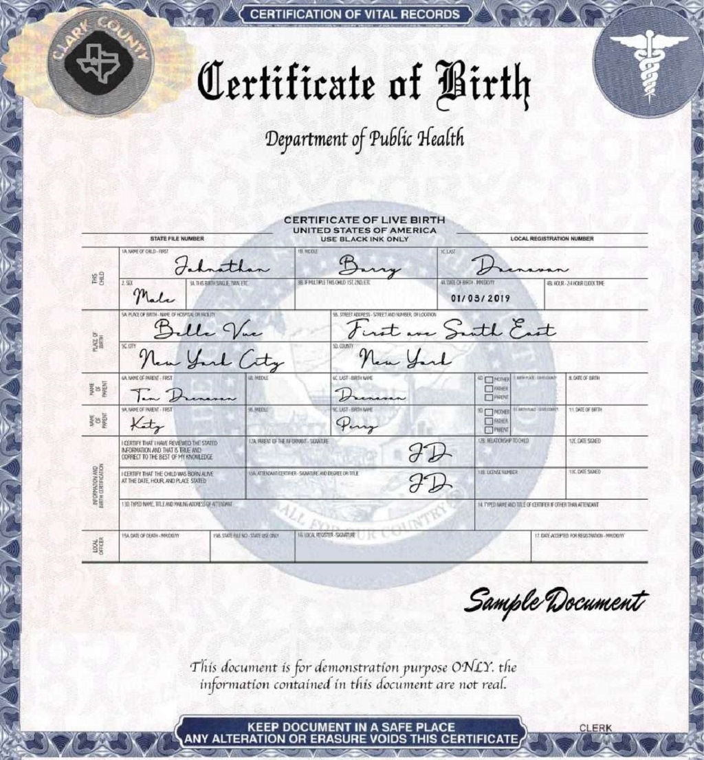 Birth certificate sample document issued by the Department of Public Health in the U.S.