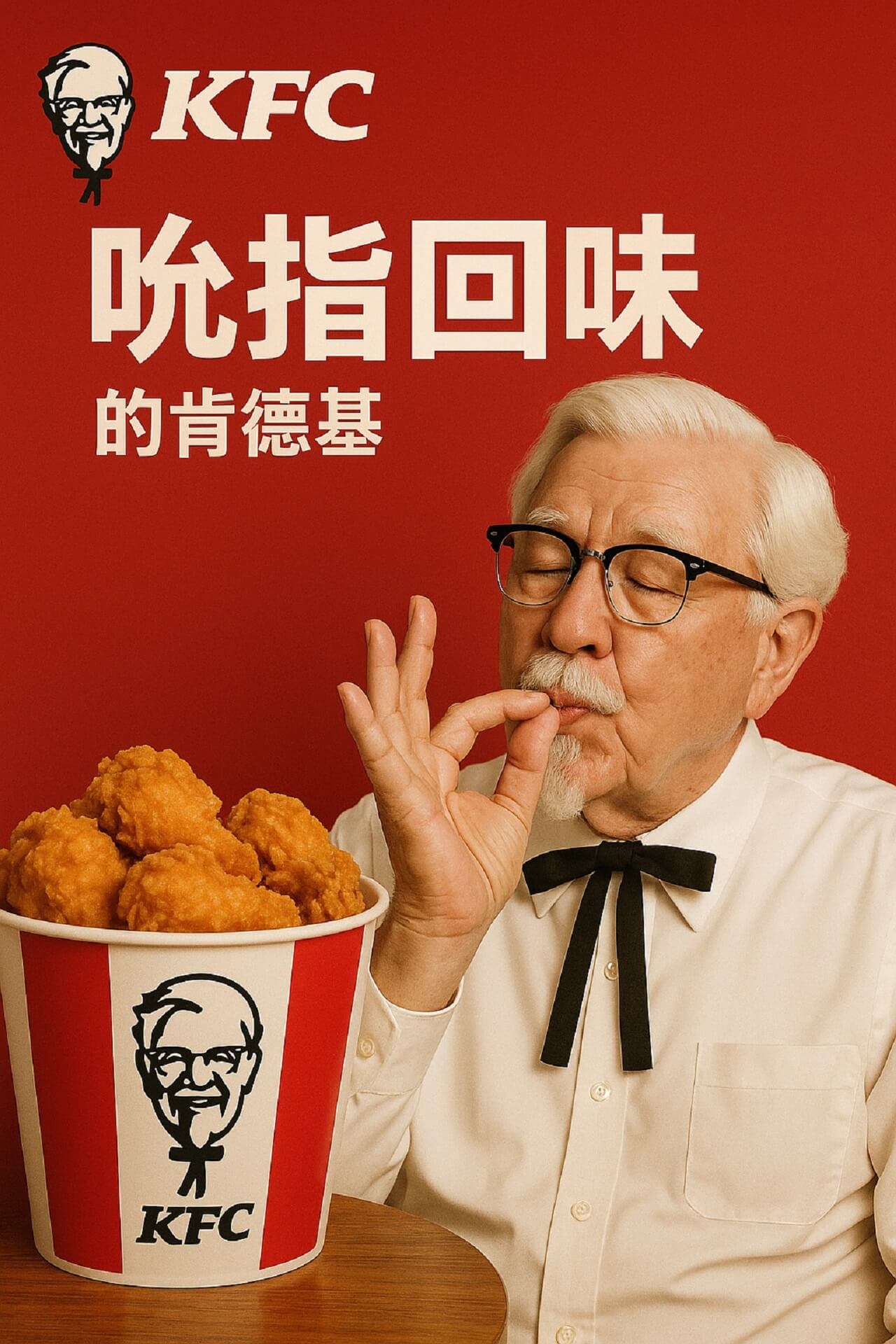 KFC advertisement in China featuring an older man in KFC uniform licking his fingers next to a bucket of fried chicken, with a slogan in Chinese characters