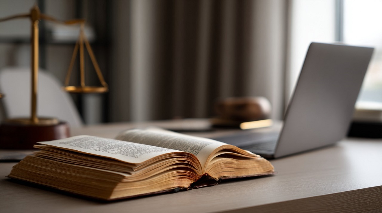 Open law book next to laptop symbolizing legal compliance in online notary services