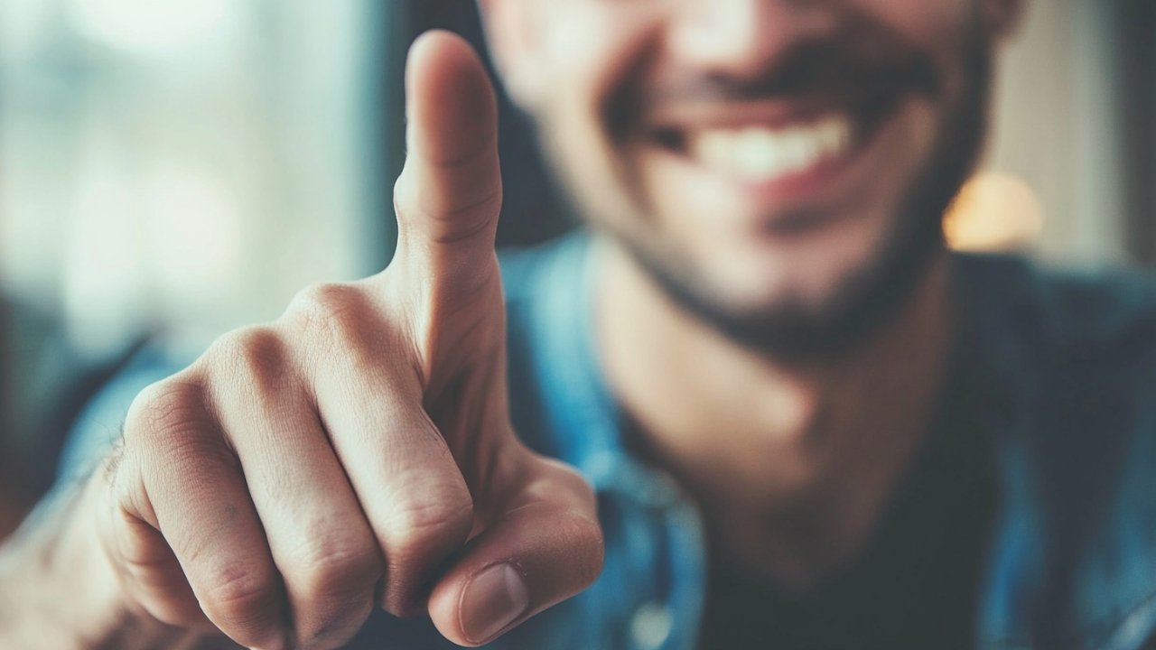 A smiling man points his index finger forward, highlighting the expressive use of gestures foundational to sign languages