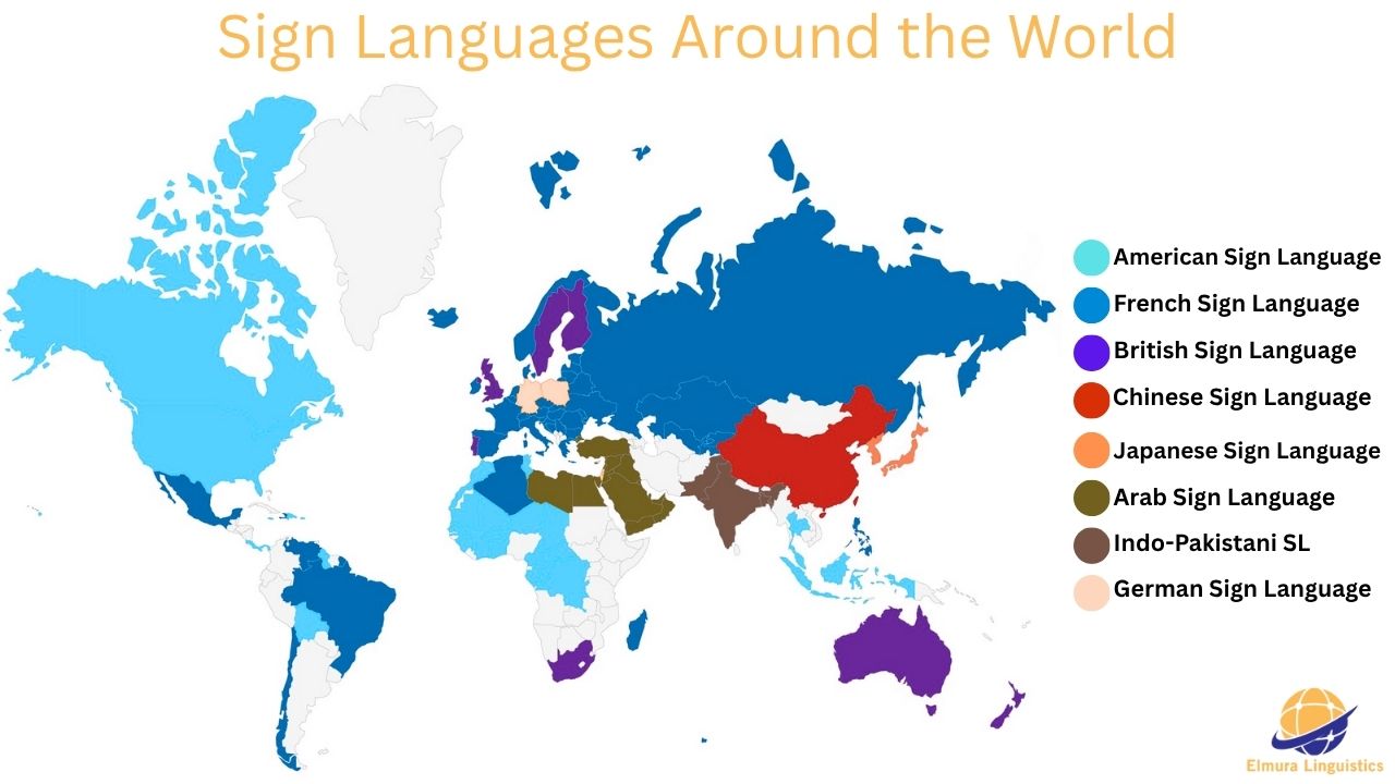 World map displaying the distribution of different sign languages across regions, including American, British, French, Chinese, and more