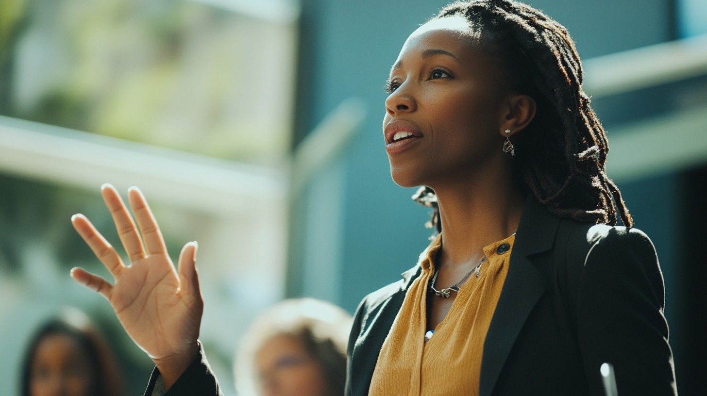 Confident woman using expressive hand gestures during communication, illustrating the importance of professional sign languages and interpretation services