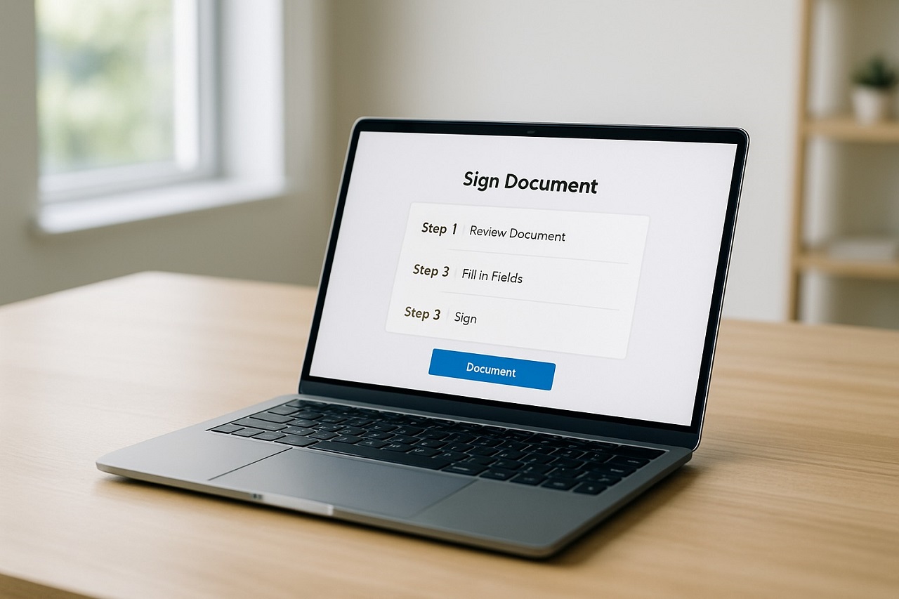 Modern laptop on desk displaying simple document signing interface for online notary service