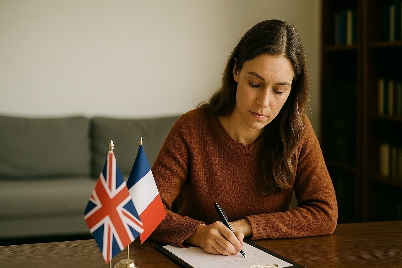 Woman writing at a desk with UK and French flags, illustrating the cultural and linguistic adaptation involved in transcreation vs translation