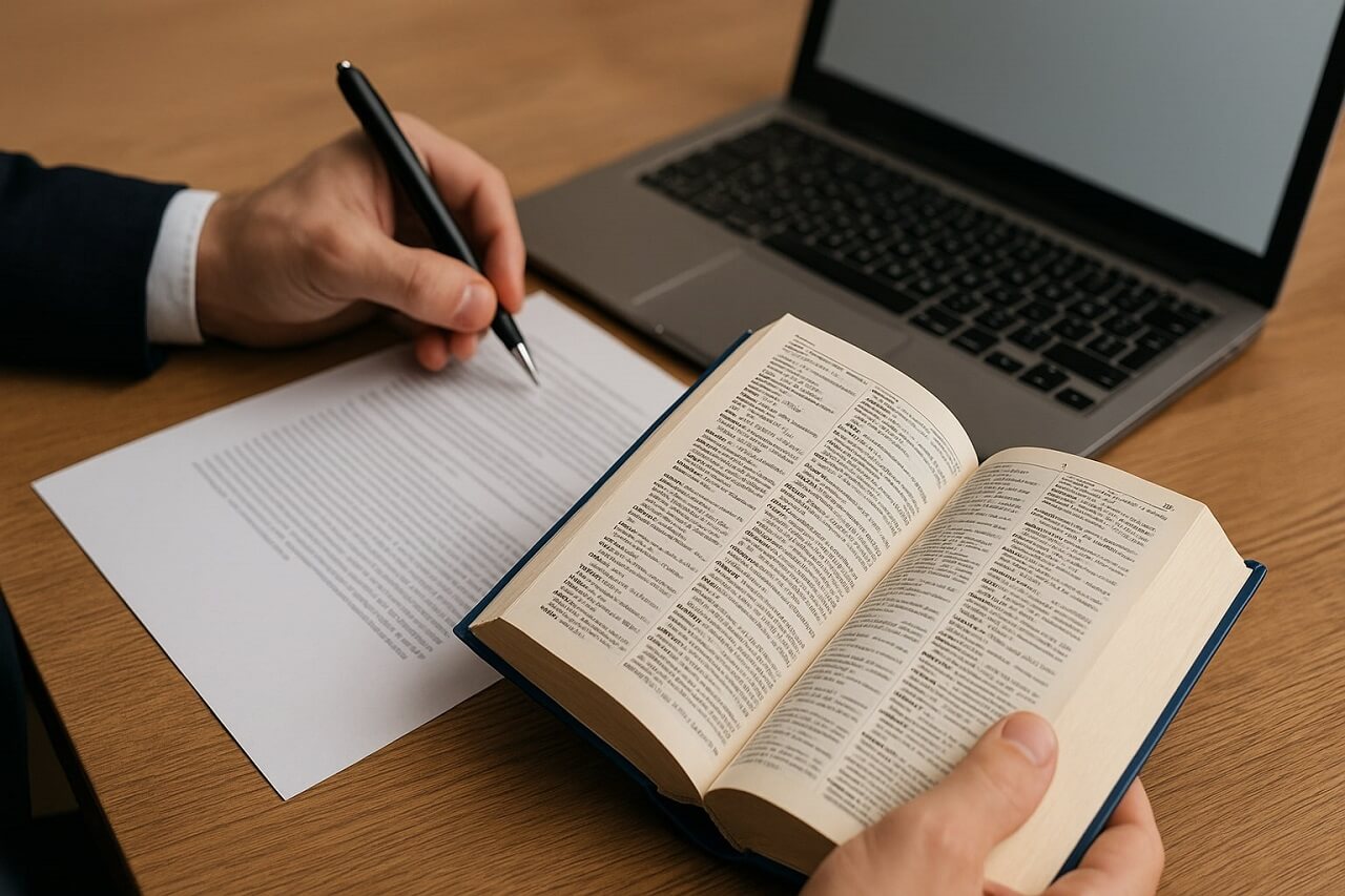 Close-up of a person referencing a dictionary and taking notes on a printed document at a desk with a laptop, representing transcreation vs translation process