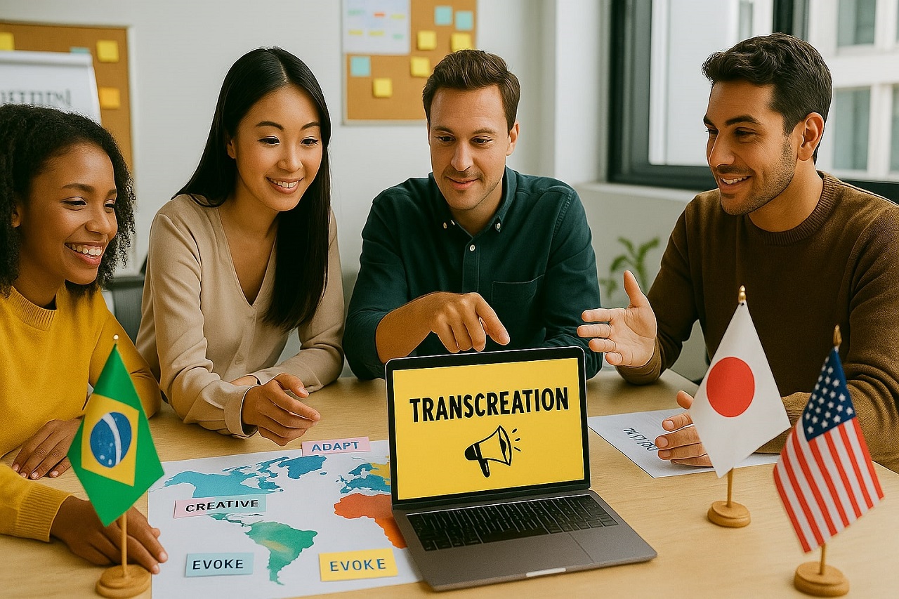 A diverse team discussing global strategy with a laptop displaying the word "Transcreation", surrounded by flags and a world map — highlighting transcreation vs translation in international marketing