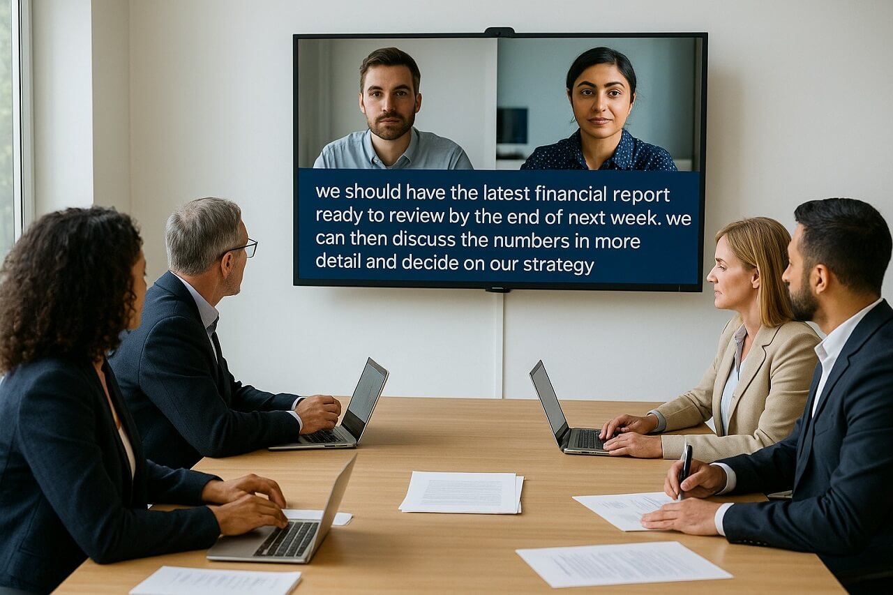 Hybrid business meeting with in-person and remote participants using live on-screen transcription for discussion tracking