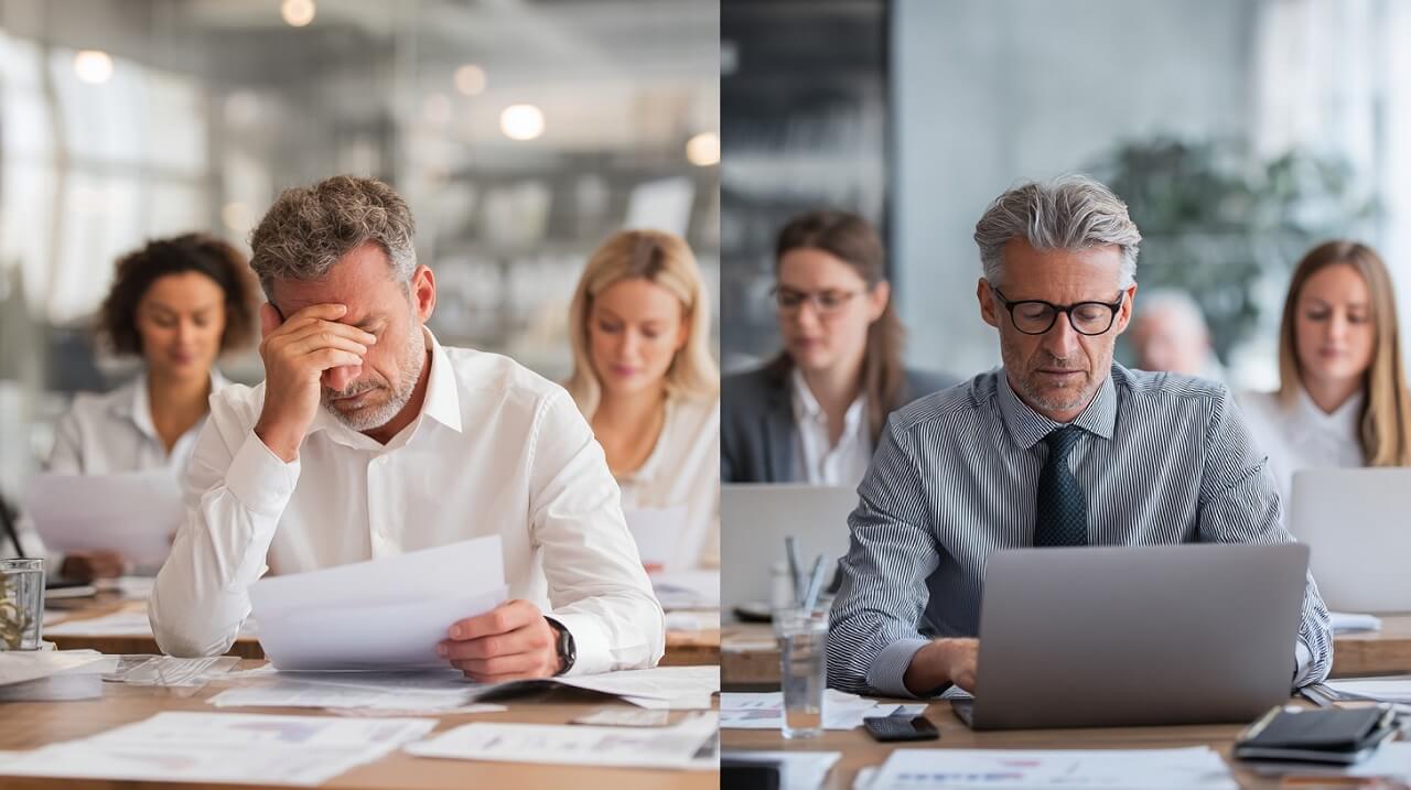 Side-by-side photo showing a stressed translation team using paper-based workflows versus a focused team working digitally with centralized tools