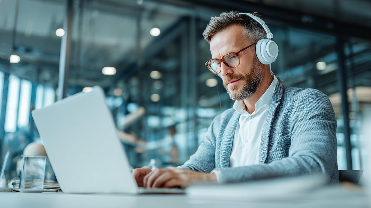 Business professional wearing headphones and working on a laptop in a modern office environment