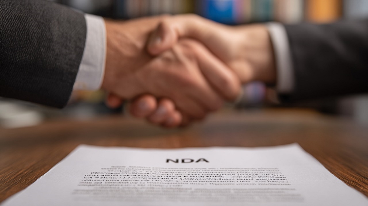 Business handshake with NDA contract in foreground, representing trust and confidentiality in document translation agreements