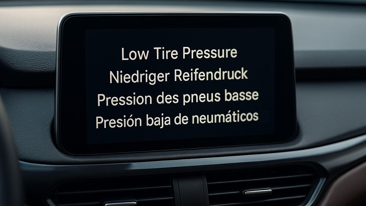 Automotive translation shown on a car infotainment screen with accurate multilingual warning: Low Tire Pressure in English, German, French, and Spanish