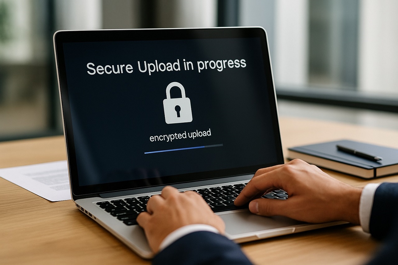 Corporate transcription file being securely uploaded with encryption on a laptop screen