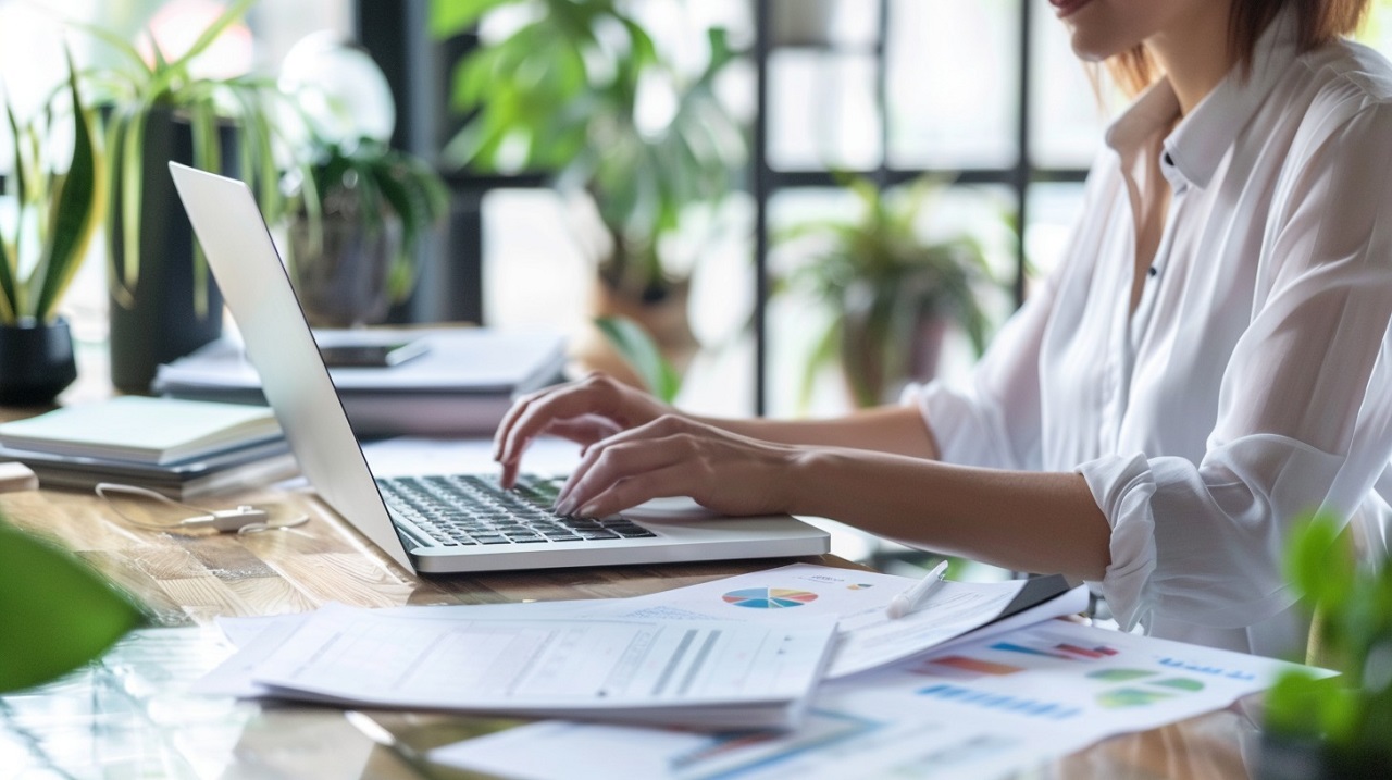 Automotive translation specialist working at a laptop surrounded by multilingual content sheets and graphs