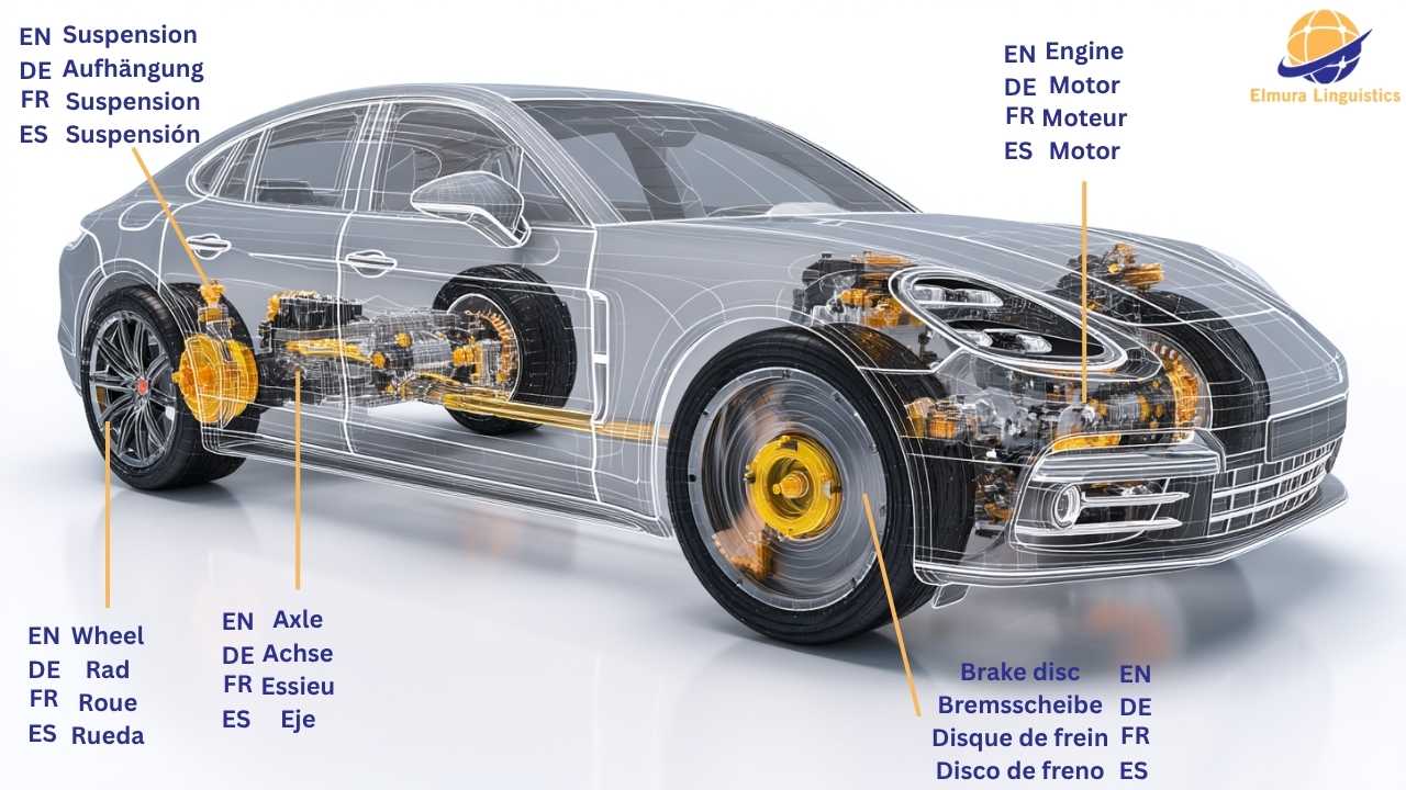 Automotive translation diagram showing labeled car parts, engine, axle, brake disc, suspension, and wheel, in English, German, French, and Spanish