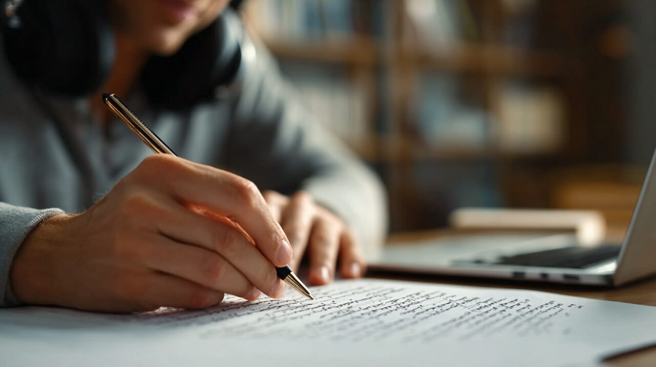 Close-up of a person writing a transcript by hand while referencing a laptop