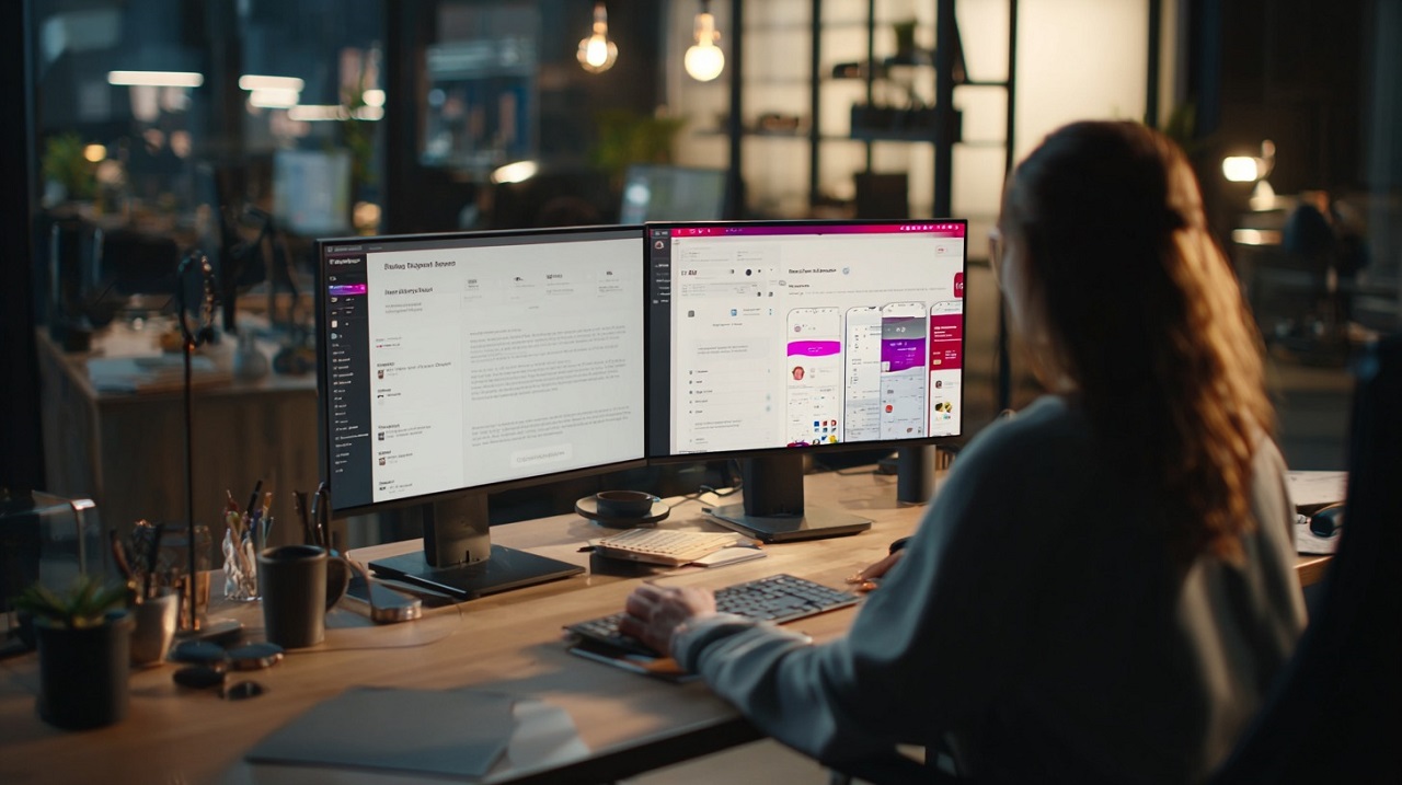 Automotive translation tools displayed on dual monitors during quality control in a modern office setting