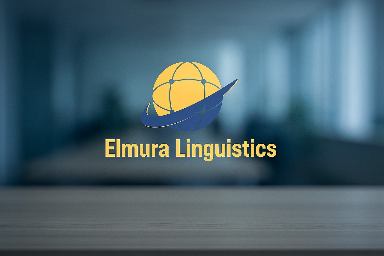 Elmura Linguistics logo on a secure office background, symbolizing trusted ITAR-compliant translation services