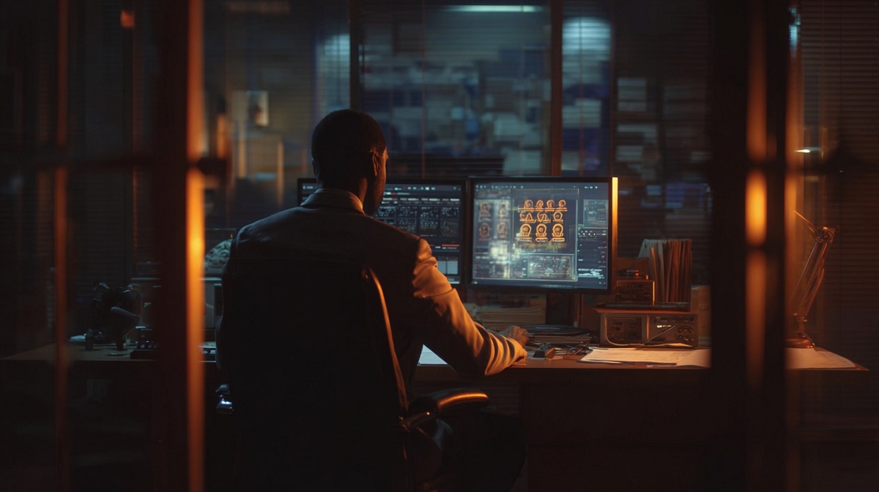Translator working in a secure office with multiple monitors displaying encrypted data