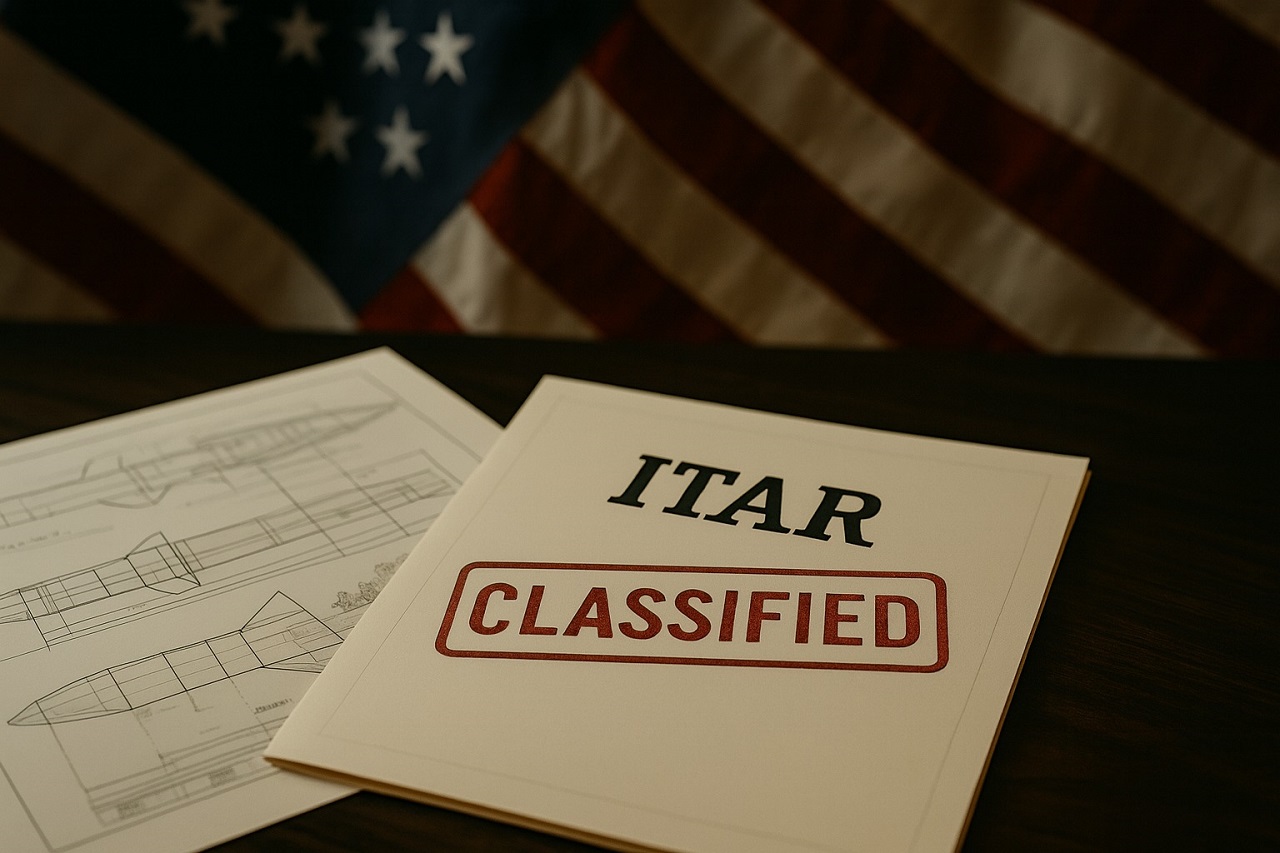 ITAR classified document and aerospace blueprints with the U.S. flag in the background