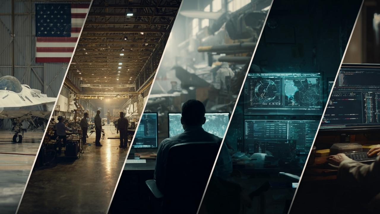 A composite image showing aerospace engineers, government contractors, and cybersecurity analysts