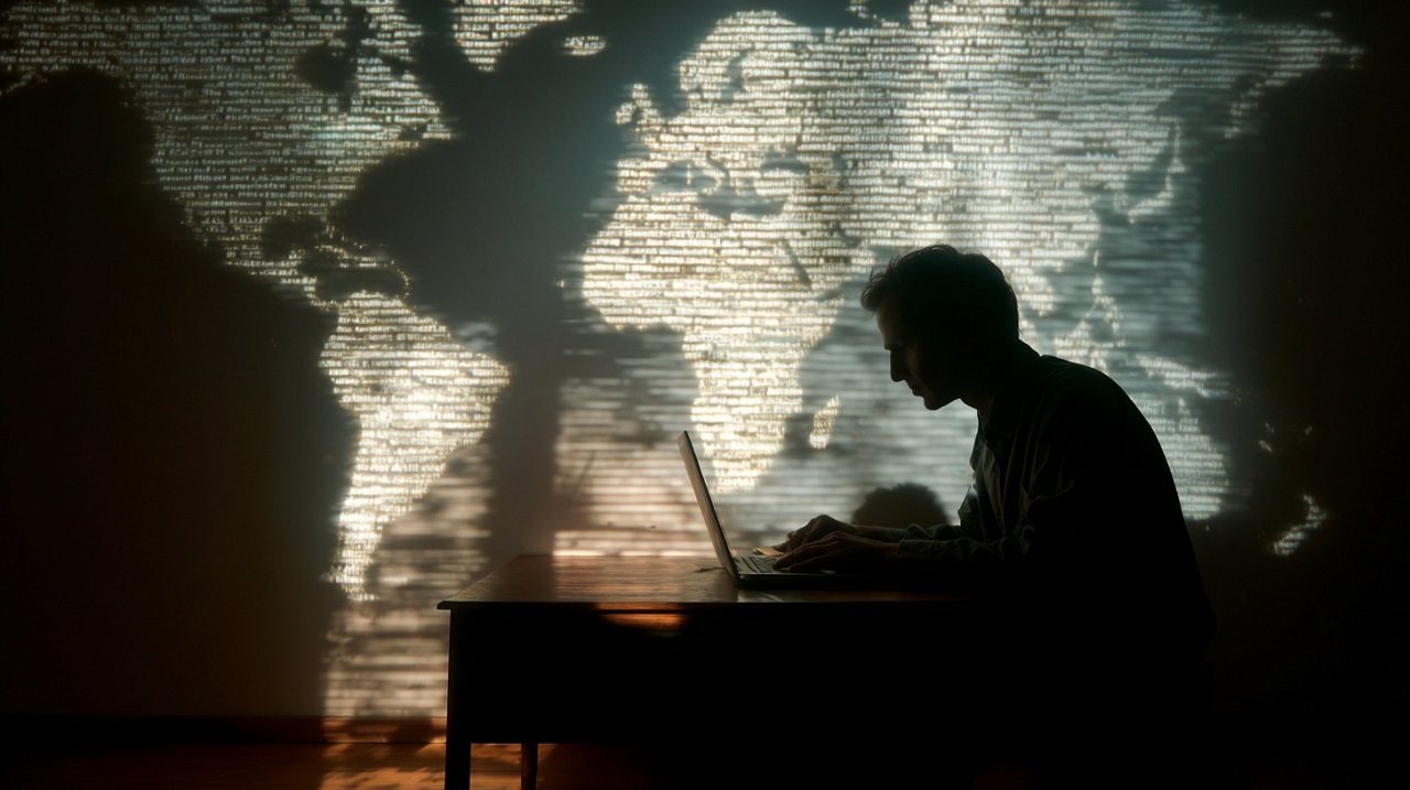 Silhouette of a person using a laptop, with a glowing digital world map projected on the wall