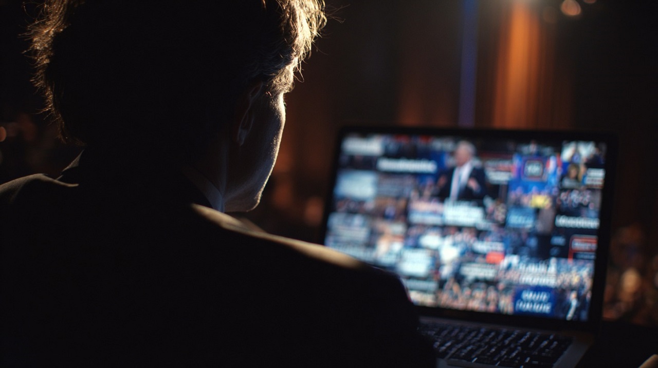 Person in a dark room looking at a laptop screen filled with blurred news and video thumbnails
