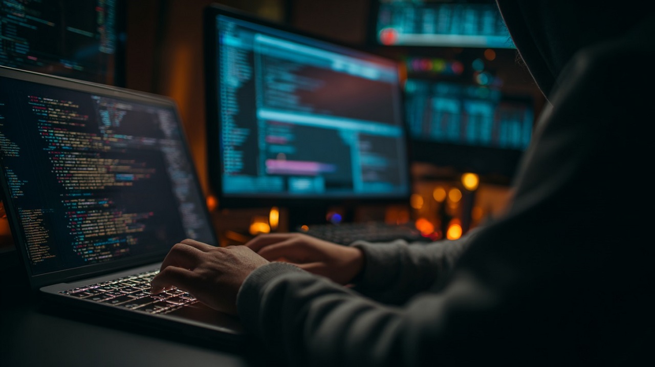 Person in a hoodie typing on a laptop, with multiple monitors displaying code in a dimly lit room